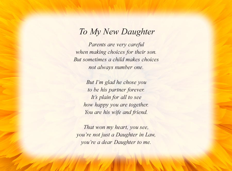 To My New Daughter poem with the Yellow Flower background