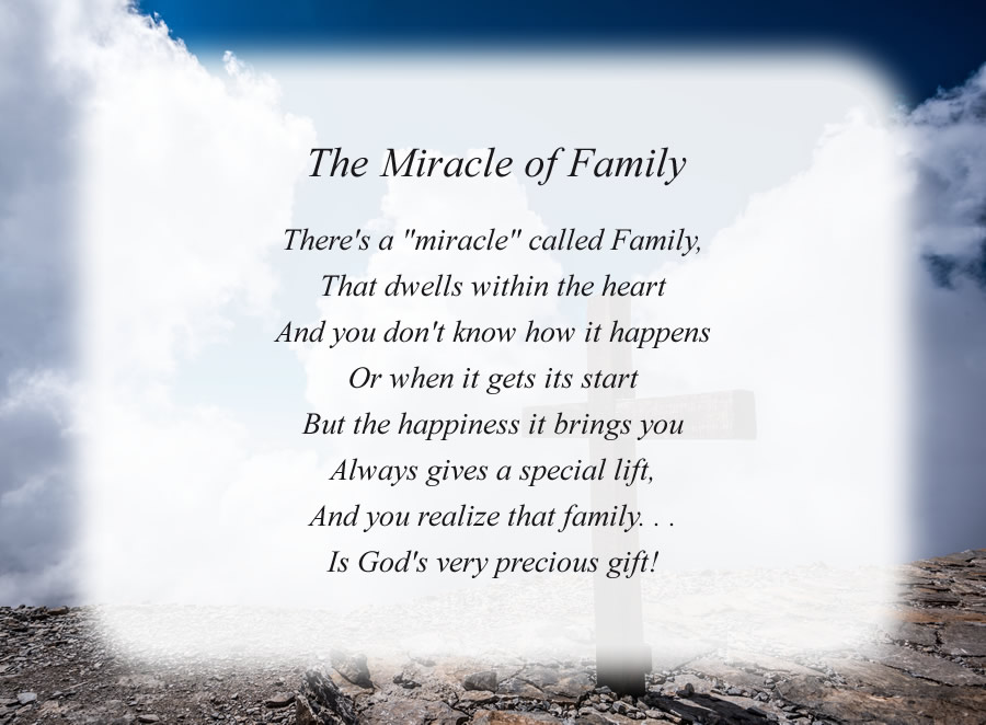 The Miracle of Family poem with the Cross and Clouds background