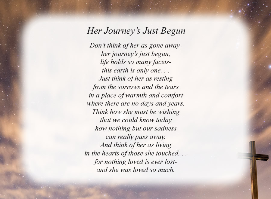 Her Journey’s Just Begun poem with the Cross and Night Sky background