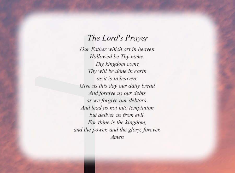 The Lord's Prayer poem with the Cross and Red Sky background