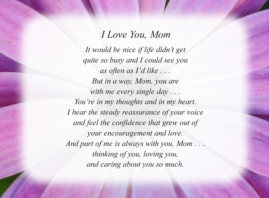 I Love You, Mom poem with the Purple Flower background