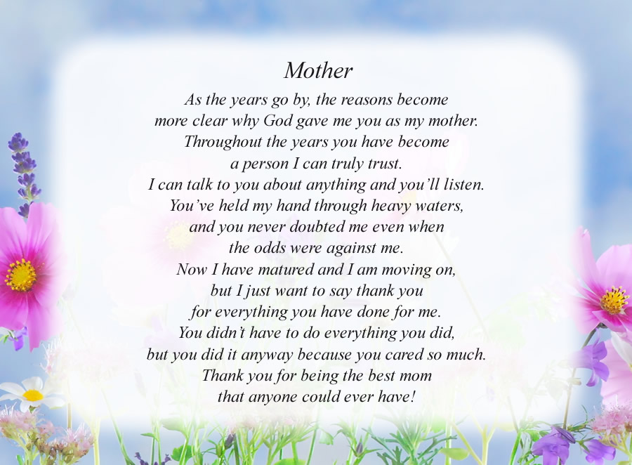 Mother(4) poem with the Flowers and Sky background