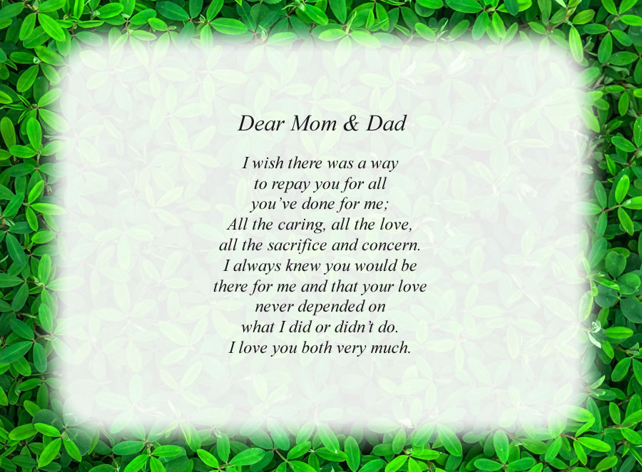 Dear Mom & Dad poem with the Green Leaves background
